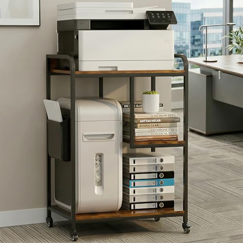 HAAYOT Printer Stand with Storage: 40-inch Tall 3-Tier Printer Table & Cart with Wheels, Left/Right Adjustable Shelf for Home Office, PC Tower & Paper Shredder, Rustic Brown