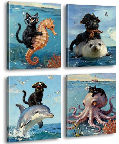 Framed Cat Bathroom Wall Art,Black Cat Ocean Adventure Canvas Poster,4 Pieces Nautical Pirate Cat with Seahorse Manatee Dolphin Octopus Pictures Wall Decor Artwork for Bathroom Home Decor (8”x10” ) - color: 8x10inch（framed) Cat Bathroom Canvas Wall Art Pr