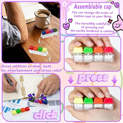 2 PCS 4-in-1 Keyboard Fidget Toy Keychain, Finger Clicky Button Toy Stress Relief Keychain with Swappable Keycaps, Mini Mechanical Key Fidget for Office Desk Focus Gifts (Bright) - color: Bright