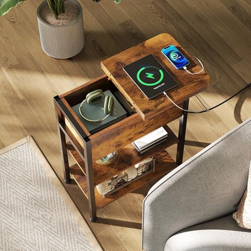 WLIVE End Table with Charging Station, Flip Top Narrow Side Table with Storage Shelf, Small Nightstand with USB Ports and Outlets,Bedside Table for Living Room, Bedroom,11.81" D x 23.62" W x 24.33" H - color: Rustic Brown