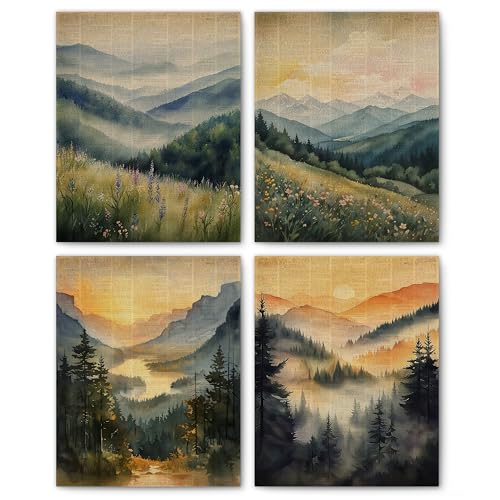 FITIE Vintage Misty Foggy Mountain Forest Wall Art Prints Set of 4, Nature Room Decor, Vintage Sunset Forest Landscape Scenic Wall Art Posters for Home Bedroom Living Room Decor, 8x10 Unframed - color: Color-Nature Landscape 02