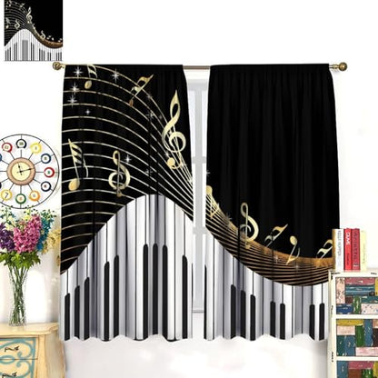Music Musical Note Curtains, Black White Piano Key Golden Musical Notes Window Drapes for Home Bedroom Living Room 42" W X 45" L(No Blackout) - color: Musical-4, size: 20.5"W x 45"L (Pack of 2)