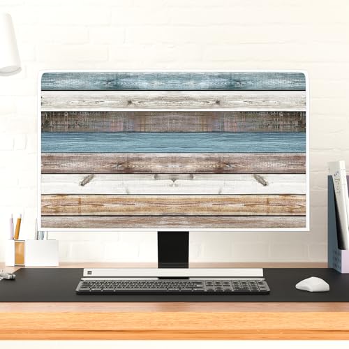 Retro Old Wood Board Computer Monitor Dust Cover 22, 23, 24, 25 Inch Panel Case Computer Monitor Covers Sleeve Compatible with PC Desktop and TV Dust Proof Monitor Covers for Computer Screen - color: blue and brown, size: 22-25 Inch