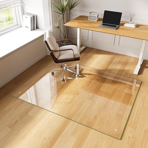 Glass Chair Mat 50" x 65" Heavy Duty Tempered Glass Office Chair Mat, Glass Floor Mat with Round Corner and Polished Edge for Smooth Glide, Office Chair Mat for Carpet, Hardwood Floor - color: Transparent, size: 65" x 50"