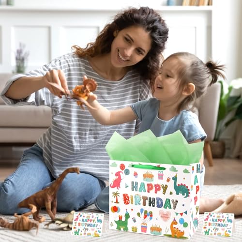 Hooqict Large Dinosaur Gift Bag Happy Birthday Gift Bag with Handles, Wrapping Tissue Paper and Greeting Cards for Kids Boys 1st 2nd 3rd Dinosaur Birthday Party Supplies Baby Showers - color: Dinosaur