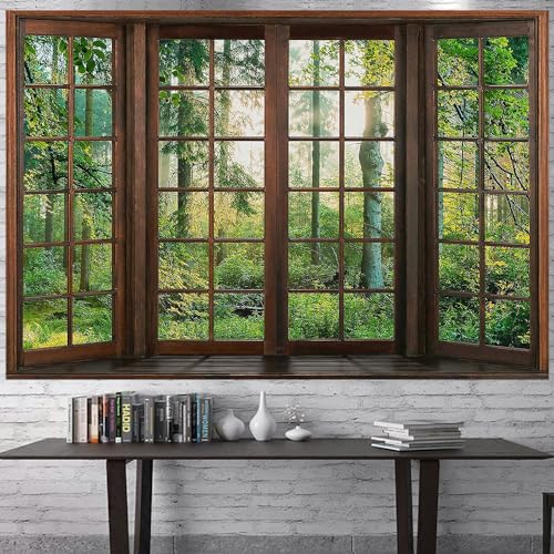 Aidatain Green Forest Natural Tapestry Window Scenery Wall Aesthetic Tapestry for Bedroom Flannel 93" L x 71" W Beach Blanket Living Dinning Room College Dorm Wall Hanging GTDJAT0093 - size: 93"L x 71"W
