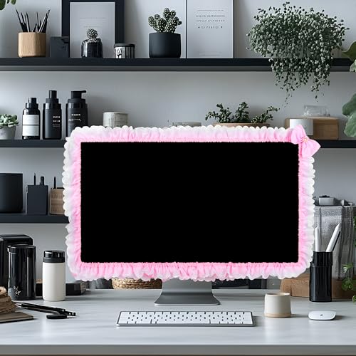 Cute Pink Lace 32"-38" Computer Monitor Screen Dust Cover with Bowknot | Lovely Pink Bow | Lace Trim | Adjustable Elastic Band - color: Pink & White Point