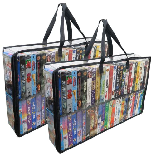 Evelots 2 Pack-VHS Movie Tape Storage Bag/Case, Clear PVC Plastic-Holds 100 Total, Strong Handles-No Dirt/Moisture/Dust - size: 2-Pack (Holds 100), style: Vhs Storage Bag