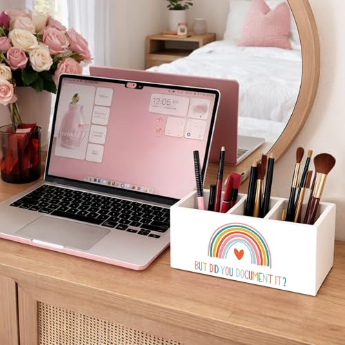 But Did You Document It Wooden Desk Organizer Pen Holder | Motivational quote design; 3-compartment wooden caddy holds pens, pencils, and supplies for office, home, or classroom. - color: Document It Rainbow