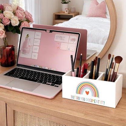 But Did You Document It Wooden Desk Organizer Pen Holder | Motivational quote design; 3-compartment wooden caddy holds pens, pencils, and supplies for office, home, or classroom. - color: Document It Rainbow