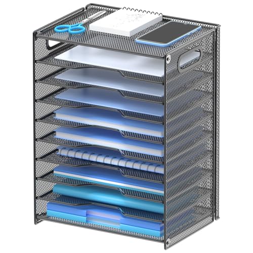 OUTWOLF 10 Tier Paper Organizer - Letter Tray Mesh Desk File Organizer with Handles for Office School Desktop, Black - color: Black