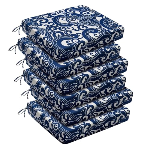 downluxe Outdoor Chair Cushions Set of 6 for Patio Furniture, Water-Resistant Square Corner Patio Chair Cushions with Ties, High Density Foam Outdoor Seat Cushion, 18.5" X 16" X 3", Blue Carp - color: Blue Carp, size: 18.5x16x3 Inch (Pack of 6)