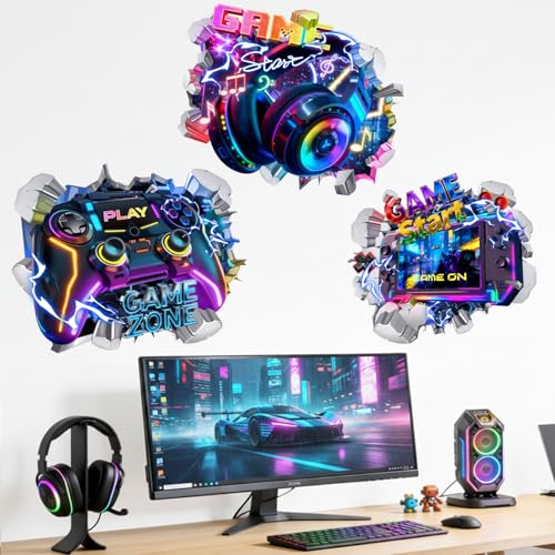 Peelora 3D Gaming Wall Stickers Colorful Gamer Controller Video Game Joystick Headphones Wall Decals Boy Kids Bedroom Teenagers Playroom Home Decor Stickers