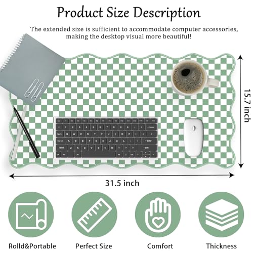 Scalloped Desk Mat Extended Large Cute Mouse Pad Vintage‌ Desk Pad XXL Aesthetic Plaid Mousepad Checkered Gaming Mouse Pad for Keyboard Computer Laptop Home Office Accessory Girly 31.5X15.7Inch Green - color: Green, size: 31.5" x 15.7"