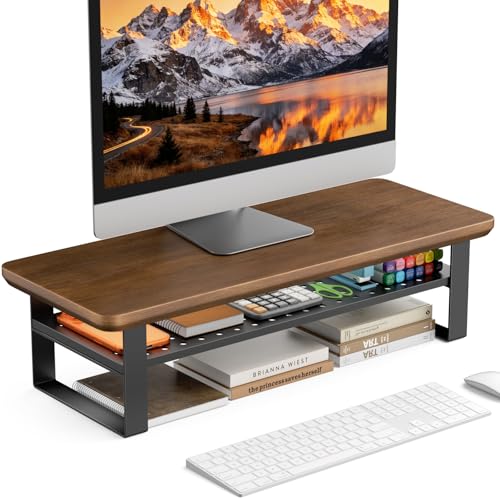 Monitor Stand Riser, 24 Inch Computer Monitor Stand for Desk, 2-Tier Wood Desk Shelf Organizer with Storage, Desktop Stand for Laptop/Screen/PC/Printer, Ergonomic Home Office Monitor Stand - color: Black Walnut, size: 23.6in