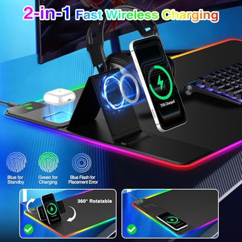 XXL RGB LED Gaming Mouse Pad with Magnetic Wireless Charger & Foldable Phone Holder, 31.5"x15.8" Extended Ultra-Smooth Desk Mat, 25 Lighting Effects, Non-Slip Base, Includes 20W PD Adapter - color: RGB-31.5"x15.8"-Magnetic Stand(with Adapter)