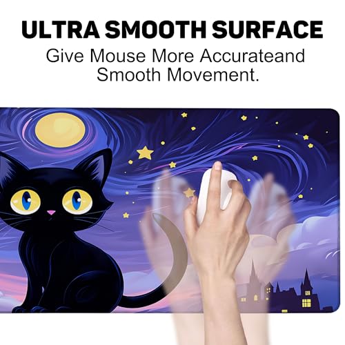 Black Cat Under Purple Starry Night Gaming Mouse Pad Large Desk Mat Extended Keyboard Anime Mousepad with Non-Slip Base and Stitched Edge for Desk Home Office Gaming,31.5 x 11.8 Inch - color: Black Cat under Purple Starry Night, size: 11.8*31.5inch