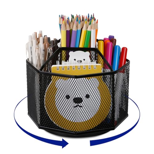 Comix 360° Rotating Pen Holder for Desk, 5 Compartments Office Desk Organizer, Black Mesh Metal Pencil Holder Cup for Office Home School - color: 360° Rotation-5 Compartments