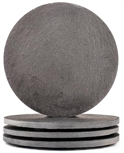 Slate Coasters Set of 4 with Holder - Black Round Stone Drink Coasters for Coffee Table, Anti-Scratch Coasters to Protect Wood/Glass Surfaces, Boho Home Mat Decor for Kitchen BarOffice (4 Pack)