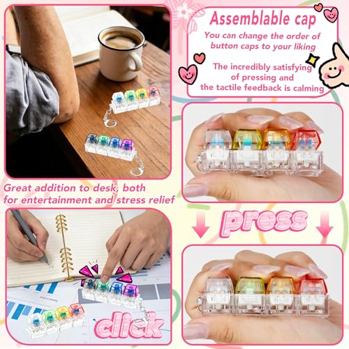 2 PCS 4-in-1 Keyboard Fidget Toy Keychain, Finger Clicky Button Toy Stress Relief Keychain with Swappable Keycaps, Mini Mechanical Key Fidget for Office Desk Focus Gifts (Mix Transparent) - color: Mix Transparent