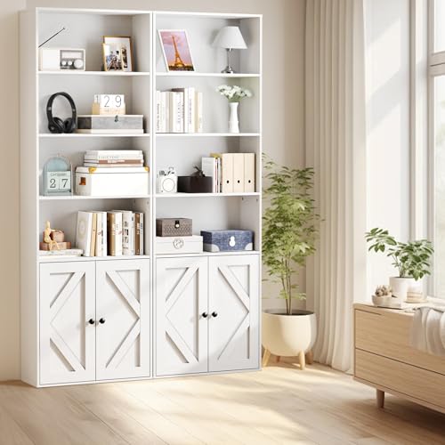Bookshelf, 6-Tier Floor Bookcase with 2 Bottom Doors, 9.29"x23.62"x70.86", Storage Cabinet Bookshelves for Home Office, Living Room, Bedroom-White - color: Industrial White