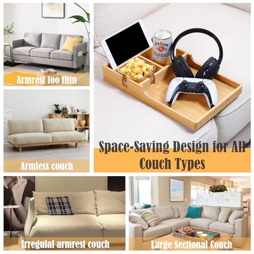 Nnewvante Couch Tray, 2-in-1 Insert & Flat Sofa Organizer Bamboo with 2 Cup Holders,Fits Seat Gaps or Ottomans,for Snacks, Drinks, Remotes,15.35x9.84-inch - color: Bamboo