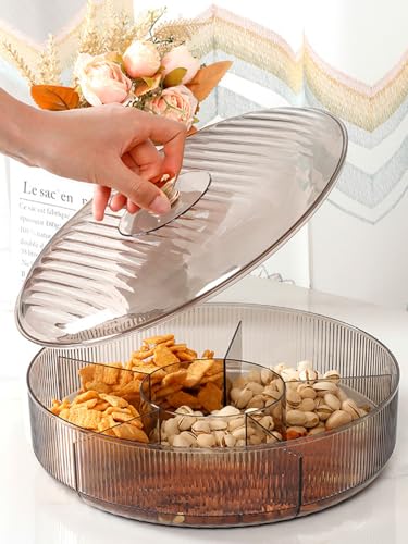 Divided Clear Snack Serving Tray with Lid, 6 Compartments Round Plastic Food Storage Organizer for Fruits, Nuts, Candies, Cookies, Stackable Snackle Box for Kitchen, Party and Picnic(Grey)