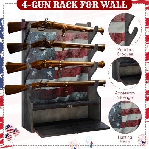 Yuntau Four Gun Wooden Gun Display Rack with Cabinet Storage Compartment and Soft Pad for Rifle Accessories Shotgun Rifle Rack for Wall Mount Home Indoor Decor - style: American Flag