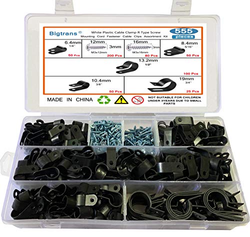 Bigtrans 555 Pcs Nylon Plastic R-Type Wire Clips with Screws 1/4" 5/16" 3/8" 1/2" 3/4" Clamps Fasteners Assortment for Cable Conduit -5 Size -Black - color: Black, size: 555 Pack Clips with Screws