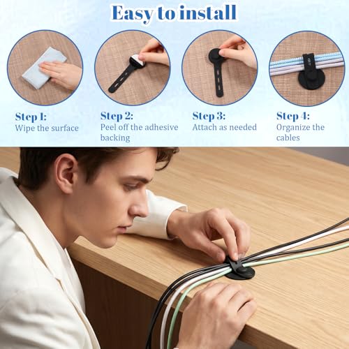 12 PCS Silicone Cable Straps, Self Adhesive Cable Holder Adjustable Silicone Cables Ties Cord Organizer Reusable Cables Management with Clear Case for Organizing Home Office School Supplies, Black
