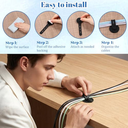 12 PCS Silicone Cable Straps, Self Adhesive Cable Holder Adjustable Silicone Cables Ties Cord Organizer Reusable Cables Management with Clear Case for Organizing Home Office School Supplies, Black