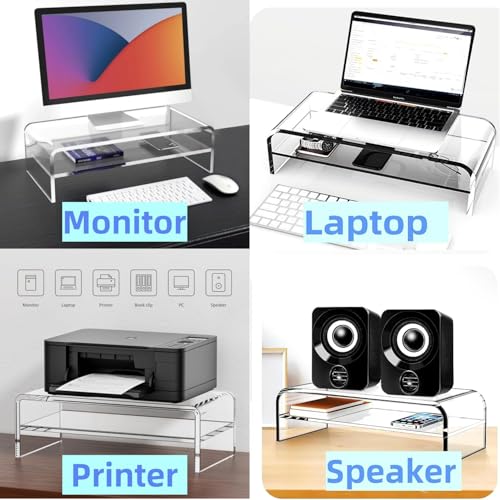 Acrylic Monitor Stand, 2 Tier Riser with Storage Shelf, Clear, 16/20 Inch, Home Office Desk Organizer (20in) - size: 20in