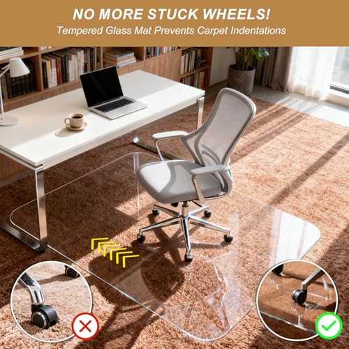 Vicwe Glass Chair Mat for Carpet,46"x55" Tempered Glass Office Chair Mat,1/5" Thick Glass Chair Mat with Rounded and Polished Edges,Smooth Glide for Carpet & Hardwood Floor Protection - size: 46"x 55"x 1/5"Thick