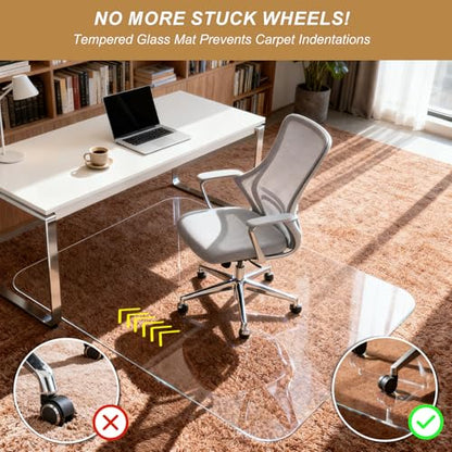 Vicwe Glass Chair Mat for Carpet,46"x55" Tempered Glass Office Chair Mat,1/5" Thick Glass Chair Mat with Rounded and Polished Edges,Smooth Glide for Carpet & Hardwood Floor Protection - size: 46"x 55"x 1/5"Thick