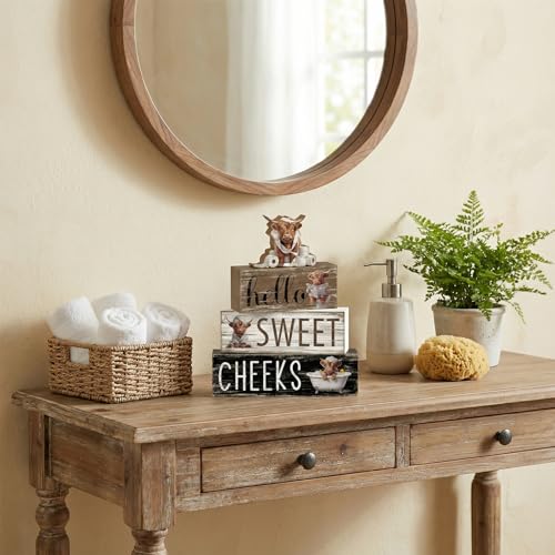 4 Pcs Highland Cow Bathroom Decor Funny Farmhouse Tiered Tray Decor Rustic Highland Cow Table Wooden Signs Home Bathroom Shelf Sitter Restroom Accessories Guest Housewarming Gift Set - style: Highland Cow