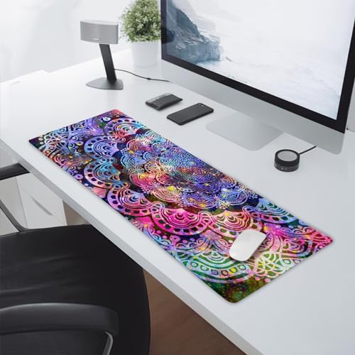 Purple Mandala Gaming Mouse Pad XL Pink Blue Green Abstract Art Extended Big Large Desk Mat Non-Slip Rubber Base Stitched Edge Long Keyboard Mousepad for PC Computer Laptop,31.5×11.8 in - color: Purple Flower, size: X-Large