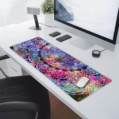 Purple Mandala Gaming Mouse Pad XL Pink Blue Green Abstract Art Extended Big Large Desk Mat Non-Slip Rubber Base Stitched Edge Long Keyboard Mousepad for PC Computer Laptop,31.5×11.8 in - color: Purple Flower, size: X-Large