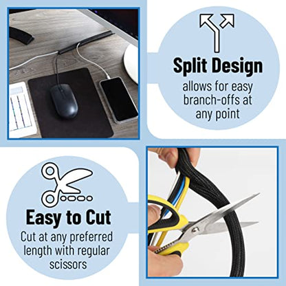 Bates 1/2 inch 10ft Long Cable Management Sleeve - Split Sleeve Wire Wrap, Secure Cord Protection