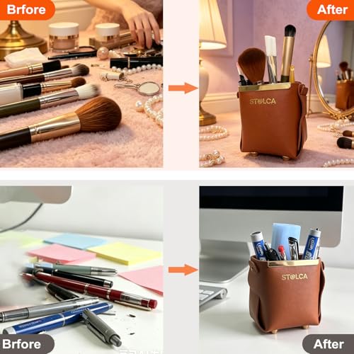 Pen Pencil Holder for Desk,Makeup Brush Holder Organizer for Desk, Brown Vegan Leather, Gold-Tone Accents, Stylish Desktop Organizer