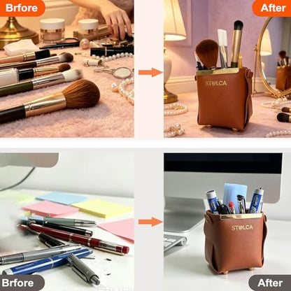Pen Pencil Holder for Desk,Makeup Brush Holder Organizer for Desk, Brown Vegan Leather, Gold-Tone Accents, Stylish Desktop Organizer