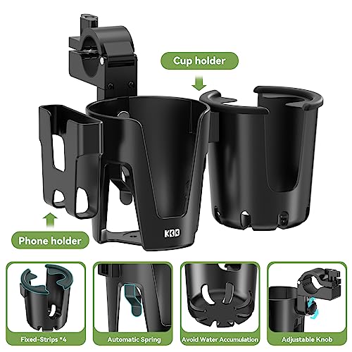KDD Stroller Cup Holder with Phone Holder, 3-in-1 Removable Bottle Holder, 360 Degrees Rotation Drink Holder for Wheelchair, Stroller, Bike, Walker, Scooter, Bicycle, Uppababy, Bugaboo, Britax