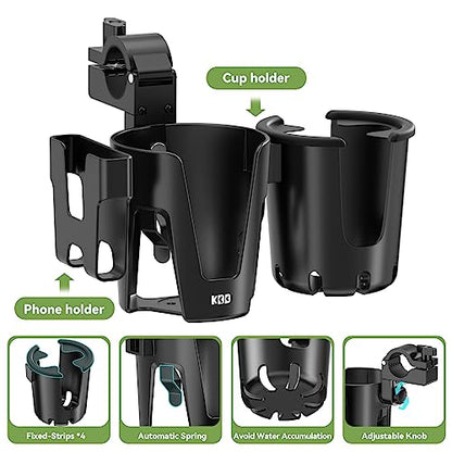 KDD Stroller Cup Holder with Phone Holder, 3-in-1 Removable Bottle Holder, 360 Degrees Rotation Drink Holder for Wheelchair, Stroller, Bike, Walker, Scooter, Bicycle, Uppababy, Bugaboo, Britax