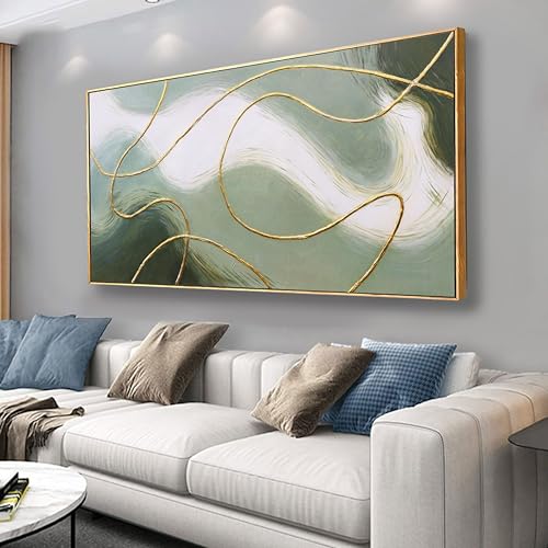 Abstract Wall Art Minimalism Green White and Gold Lines Boho Canvas Wall Decor Framed Artwork Modern Home Wall Decor for Living Room Bedroom Office 29"x58" - color: Green, size: 58"L x 29"W