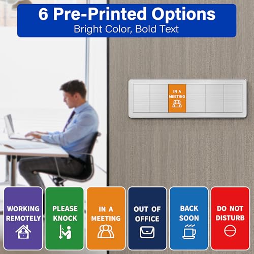 Office Door Signs with 6 Printed Status Options – Do Not Disturb, Out of Office, In a Meeting, Please Knock, Work from Home, Back Soon – Includes Custom Personalized Blank Sticker for Privacy Workspace or Studio Available and Away - style: Brushed Silver