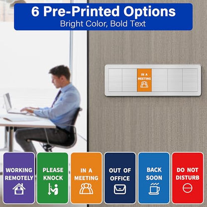 Office Door Signs with 6 Printed Status Options – Do Not Disturb, Out of Office, In a Meeting, Please Knock, Work from Home, Back Soon – Includes Custom Personalized Blank Sticker for Privacy Workspace or Studio Available and Away - style: Brushed Silver
