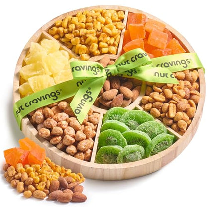 NUT CRAVINGS - Dried Fruit & Mixed Nuts Gift Basket in Reusable Round Wooden Tray + Ribbon (7 Assortments) Food Arrangement, Healthy Snack Care Package, Kosher Treats for Adults - style: 6. Dried Fruits & Nuts Round Wooden Tray