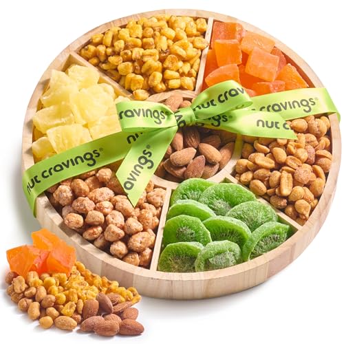 NUT CRAVINGS - Dried Fruit & Mixed Nuts Gift Basket in Reusable Round Wooden Tray + Ribbon (7 Assortments) Food Arrangement, Healthy Snack Care Package, Kosher Treats for Adults - style: 6. Dried Fruits & Nuts Round Wooden Tray