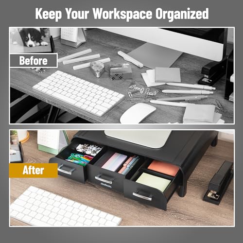 Mind Reader Monitor Stand, 3 Storage Drawers, Desktop Organizer, Riser, Office, 13.5"L x 13"W x 4"H, Set of 2, Black - size: 2 Pack
