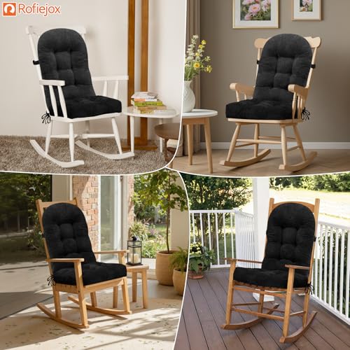 Rocking Chair Cushion - Chenille Fabric, High-Density Sponge, Durable Comfort Non-Slip Bottom Tufted Seat Pads with Ties, Chenille︱Black, 44x19x4 inch - color: Chenille I Black