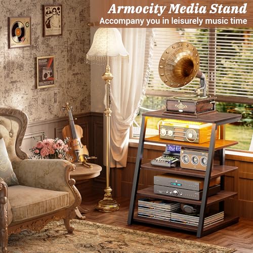 Armocity 5-Tier AV Media Stand with Power Strips, Media Console with LED Lights, Audio Tower Rack with Adjustable Shelves, Stereo Stands and Racks, 40.8'', Black Walnut - color: Black Walnut, size: 40" (H)